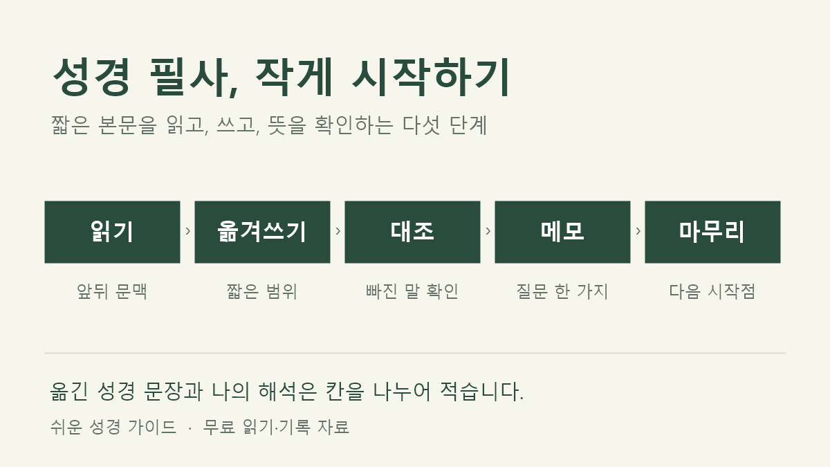 성경 필사 다섯 단계: 읽기, 옮겨쓰기, 원문 대조, 질문 메모, 다음 시작점 기록